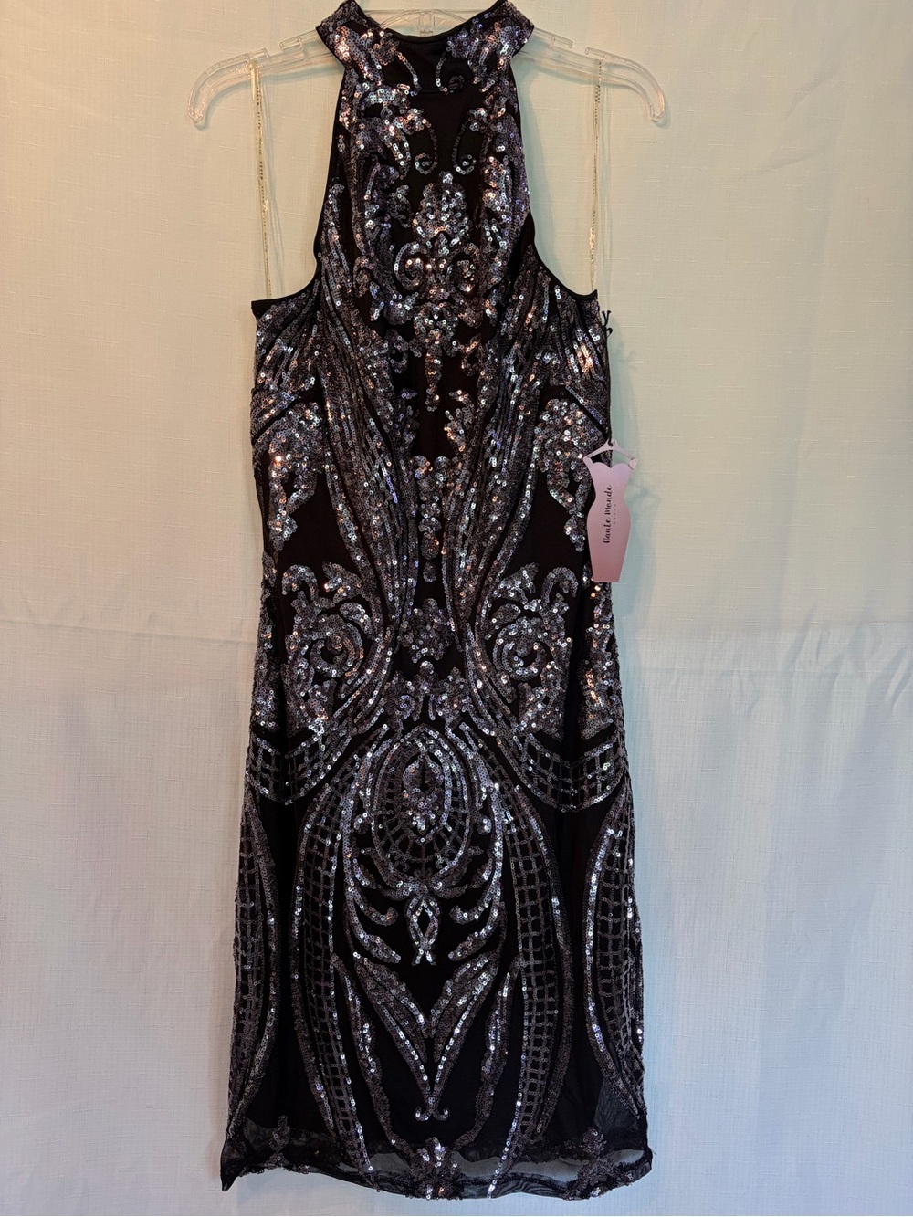 Haute Monde Black Sequin Halter-Style Evening Dress